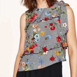 ZARA Basic Collection Floral Gingham Ruffle Asymmetrical Top Size M